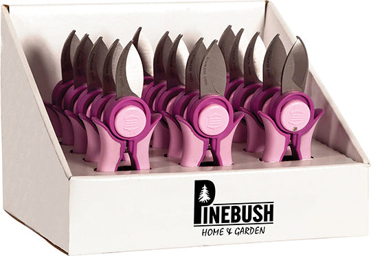 Display box of of 15 mini bypass pruners. The pruners have pink handles.