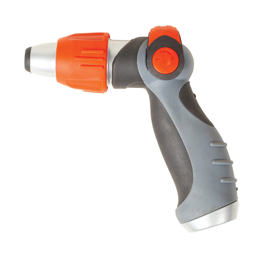 Water nozzle has grey gripping handle with orange accents.