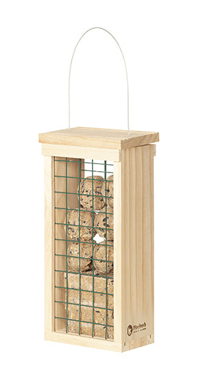 Wooden rectangle feeder with green mesh on both sides. It has suet balls and suet cakes inside of it.