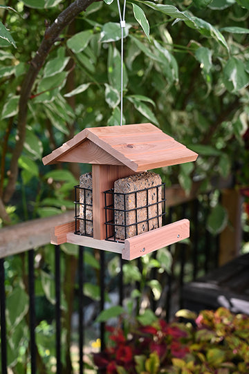 Square shaped base and triangle roof. There are 2 black cages to hold suet cakes on the side.