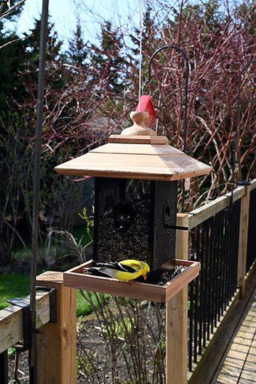 Wooden lid and tray. Black rectangular mesh to hold the seeds. It is hanging outside while a goldfinch is enjoying the seeds.