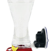 Clear feeder with red circular base and yellow flower shaped feeding holes.