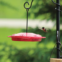 Tray is hanging from a pole system outside while a hummingbird is flying towards the nectar.