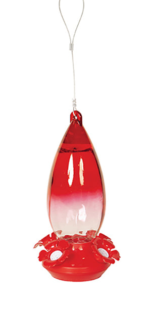 Rain drop shaped glass, colour is red ombre to clear. Base is red with red flower shaped feeding holes. 