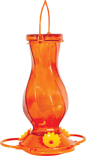 Orange twisted glass, orange circular base with yellow flower shaped feeding holes.