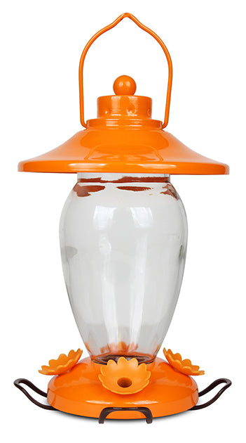 Orange lantern shaped feeder with clear glass. Base has orange flower shaped feeding holes.
