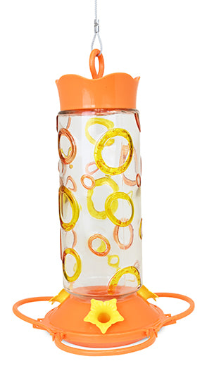 Orange circular lid and base, base has yellow flower shaped feeding holes. The glass for the nectar has orange and yellow rings painted on it.