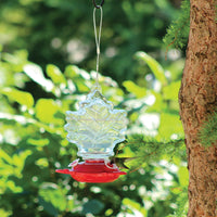Feeder is hanging on a tree outdoors while a hummingbird is sipping the feeder's nectar.
