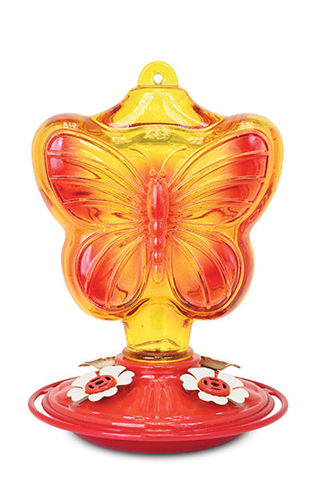 Red and yellow shaped butterfly glass to old the nectar. Red circular bae with white flower feeding holes.