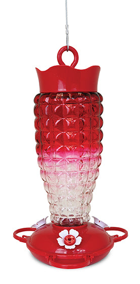 Red lid and base. Base has white flower shaped feeding holes. Glass has a bubble-like texture, the colour is ombre red to clear.