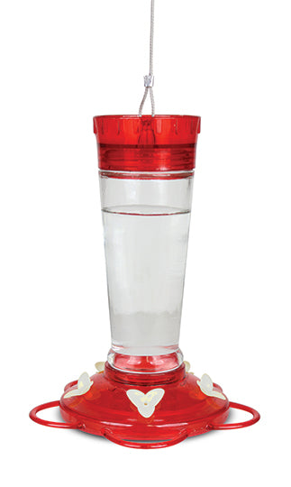 Red circular lid, clear glass middle to see the nectar, red circular base with white flower feeding holes.