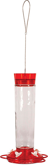 Red circular lid, clear glass center, red circular base with white flower shaped feeding holes.