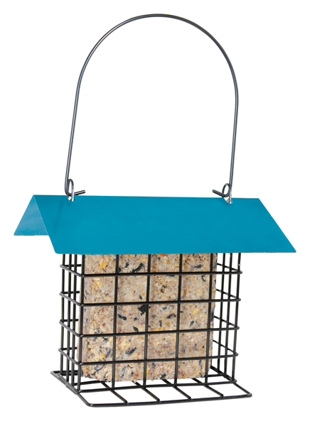 Square black cage with a suet cake inside, the roof of the feeder is blue with a handle on top.