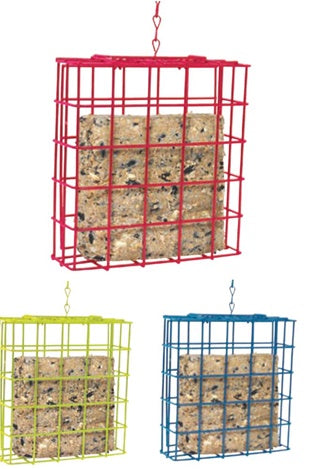 3 square suet cages. The top is red with a suet cage inside. The bottom left is green with a suet cake inside. The bottom right is blue with a suet cake inside.