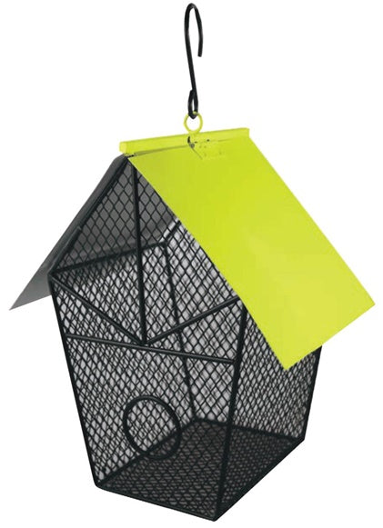 Shaped like a pentagon house, the roof is a lime green colour, while the rest is a black metal mesh.