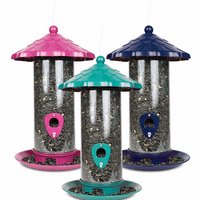 Purple coloured feeder on left, turquoise coloured feeder in the middle, dark blue coloured feeder on the right. 