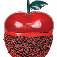 Red apple shaped feeder, green stem at the top that has a hook connected to it for hanging, the lower half is a red mesh that makes the seeds easily accessible. 