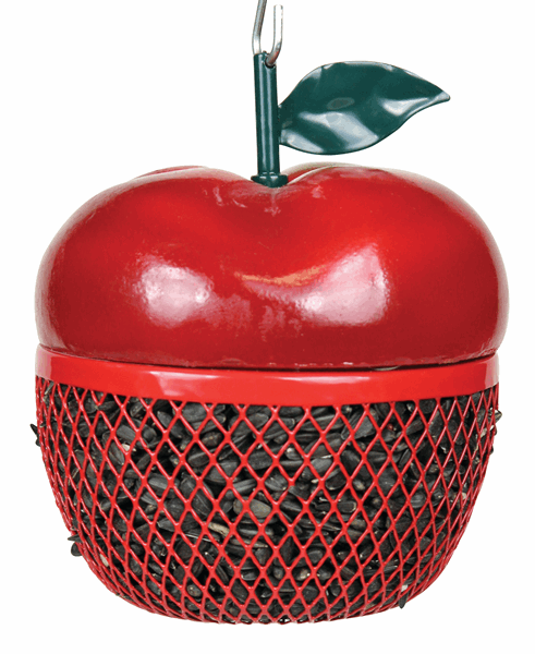 Red apple shaped feeder, green stem at the top that has a hook connected to it for hanging, the lower half is a red mesh that makes the seeds easily accessible. 