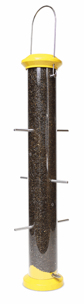 Cylinder clear tube feeder, metal hanger, bright yellow top and base, clear center filled with seeds, 7 perches for birds to sit on while enjoying the seed.