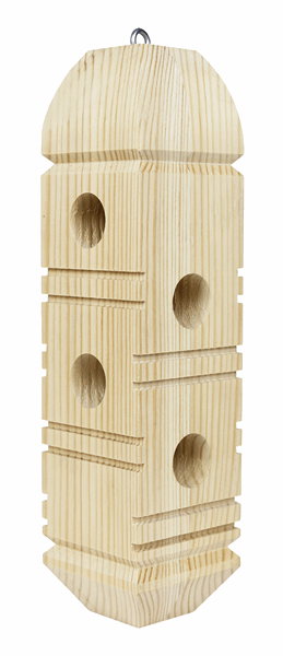 Wooden rectangle shaped feeder, there are four holes along the sides to insert suet plugs.
