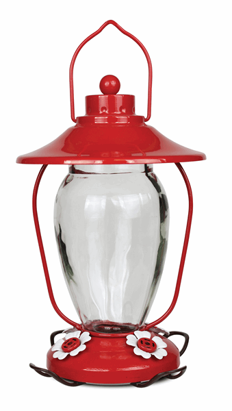 Lantern style feeder. Red accents with the clear glass for the nectar. Red base with white flower shaped feeding holes.