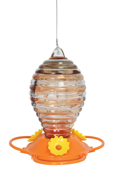 Clear glass for the nectar is painted with orange stripes, the glass is a oval shape, there is an orange circular base with yellow flower shaped feeding holes.