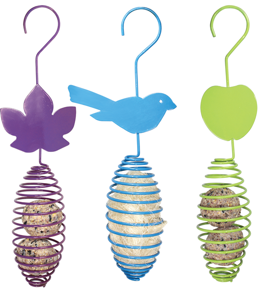 Purple spring feeder with a leaf shape on the hanger is filled with 2 suet balls. Blue spring feeder is filled with straw and has a bird shape on its hanger. Green spring feeder with an apple shape on its hanger is filled with 2 suet balls.