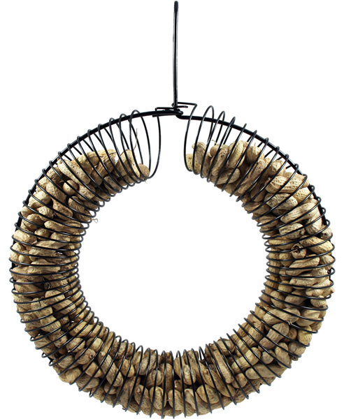 Black wreath shaped feeder filled with shelled peanuts.