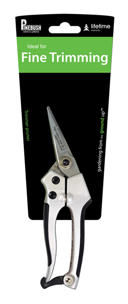 Pruner with grey and black handles. In the Pinebush green and black packaging that says "Ideal for Fine Trimming".