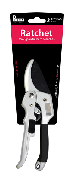 Ratchet pruner in black and pink Pinebush packaging.