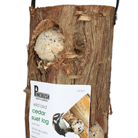 A log with holes along the side for suet balls to fit into, a hanger at the top to easily hang. 
