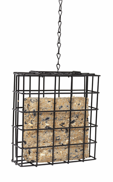 Square cage with a suet cake inside, a chain at the top to help with hanging the feeder.