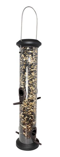 Cylinder poly tube feeder, metal hanger, black top and base, clear poly centre to see the seed inside, 4 black perches through the center for birds to sit on while feeding.