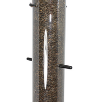Cylinder poly tube feeder, metal hanger, black top and base, clear poly centre to see the seed inside, 6 black perches through the center for birds to sit on while feeding. 