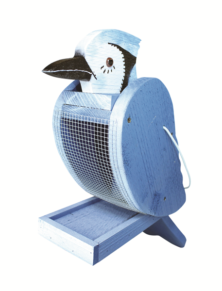 Wooden blue jay shaped feeder, stomach area is mesh for the seed to be filled with.