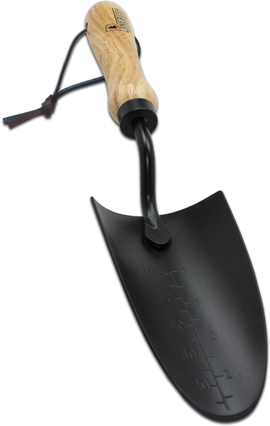 Beige wooden handle, strap around the handle, black trowel with measurements indicating how deep you are digging. 