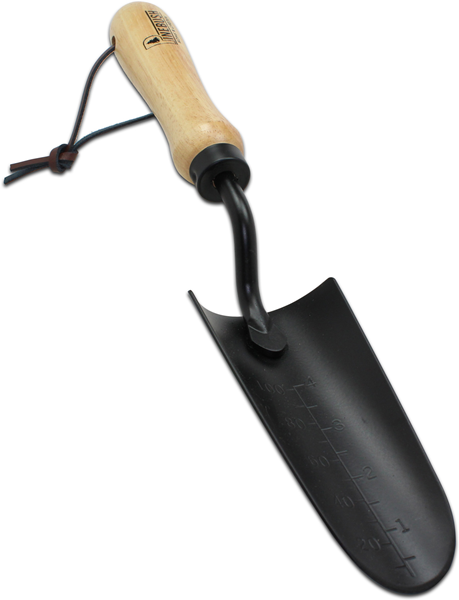 Beige wooden handle, strap around the handle, black transplanter, measurements along the transplanter to show how deep you are digging.
