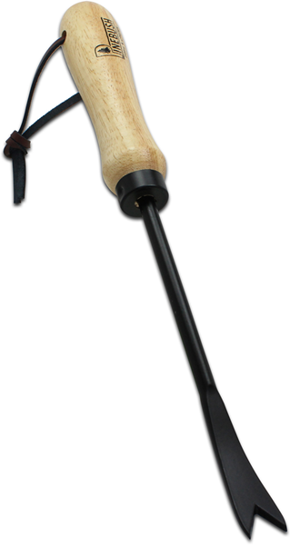 Beige wooden handle, strap around the handle, black weeder.