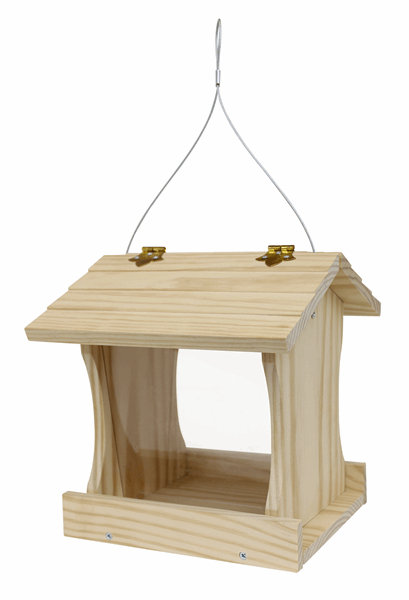 Wooden bird feeder with a triangle roof and square base. 