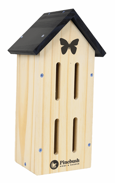 Black roof, beige wooden box with slits in the side for the butterflies to go inside. Black butterfly is on the front along with the Pinebush logo.