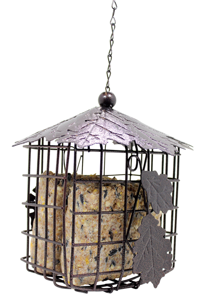 Square cage with a leaf detailed roof. Suet cakes are inside the cage.