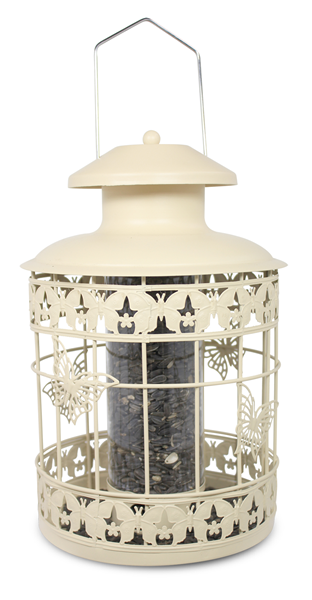 Cream coloured feeder with beautiful butterfly deccrations along the cage that protects the seeds from squirrels.