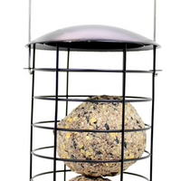 Cylinder cage suet ball feeder. There are 2 suet balls inside.