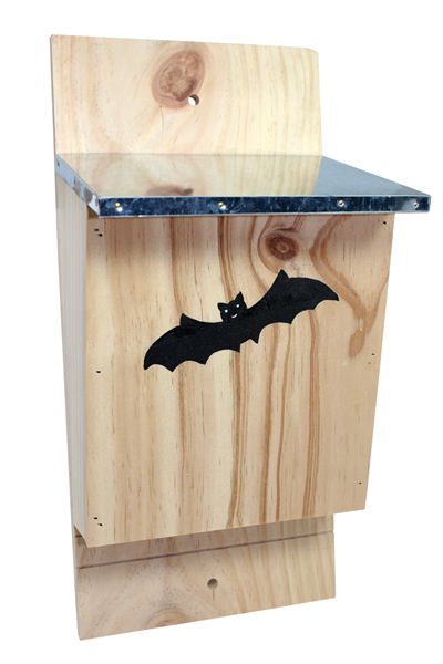 Wooden rectangular box that has a black lid and a black bat on the front of it. 