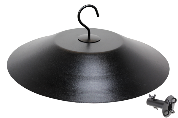 Black wide cone shape with a flat top, hook at the top to hang the baffle.