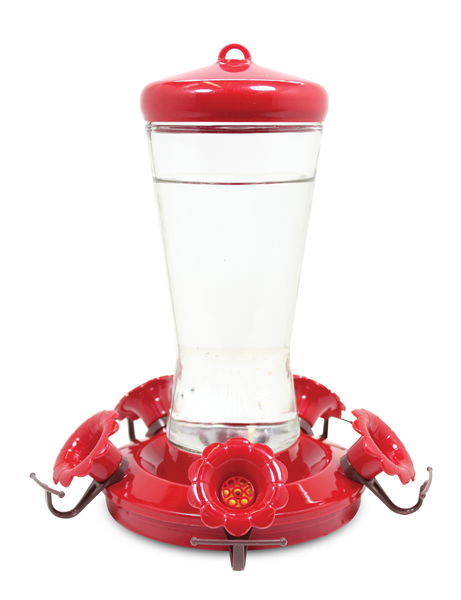 Red circular lid, clear glass for the nectar to go in, red circular base with red flower shaped feeding holes.